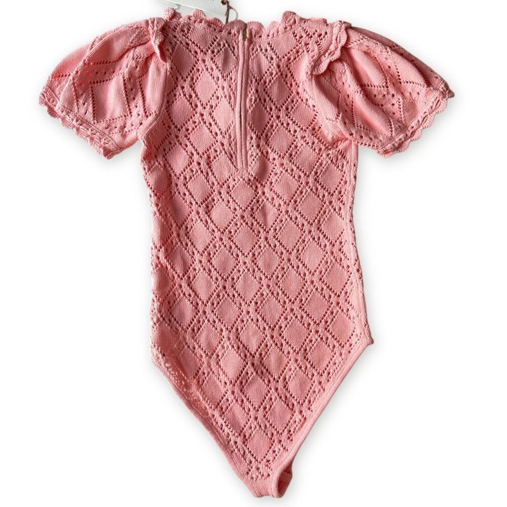 LoveShackFancy NWT Forte Small Peach Pink Strawberry Appliqué Knit Bodysuit - Picture 7 of 16
